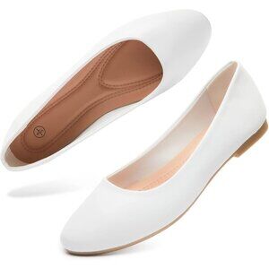 Women's White PU Leather Closed Toe Slip on Comfortable Ballet Flats Shoes